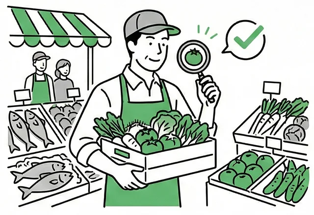 市場で野菜の品質を確認する様子